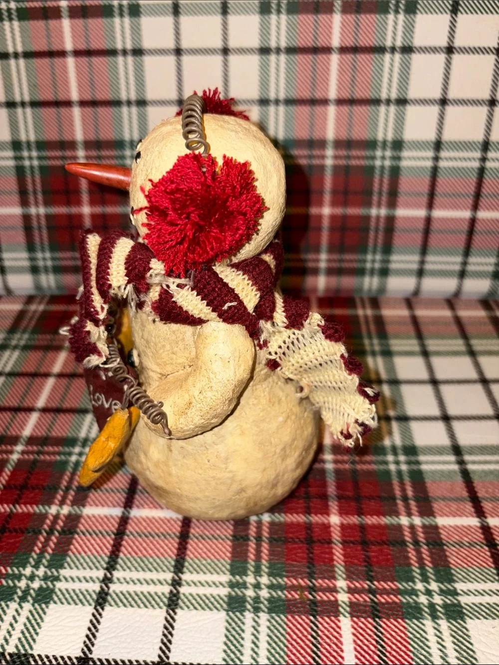 Handcrafted Primitive Holiday Snowman Figurine with Red Accents